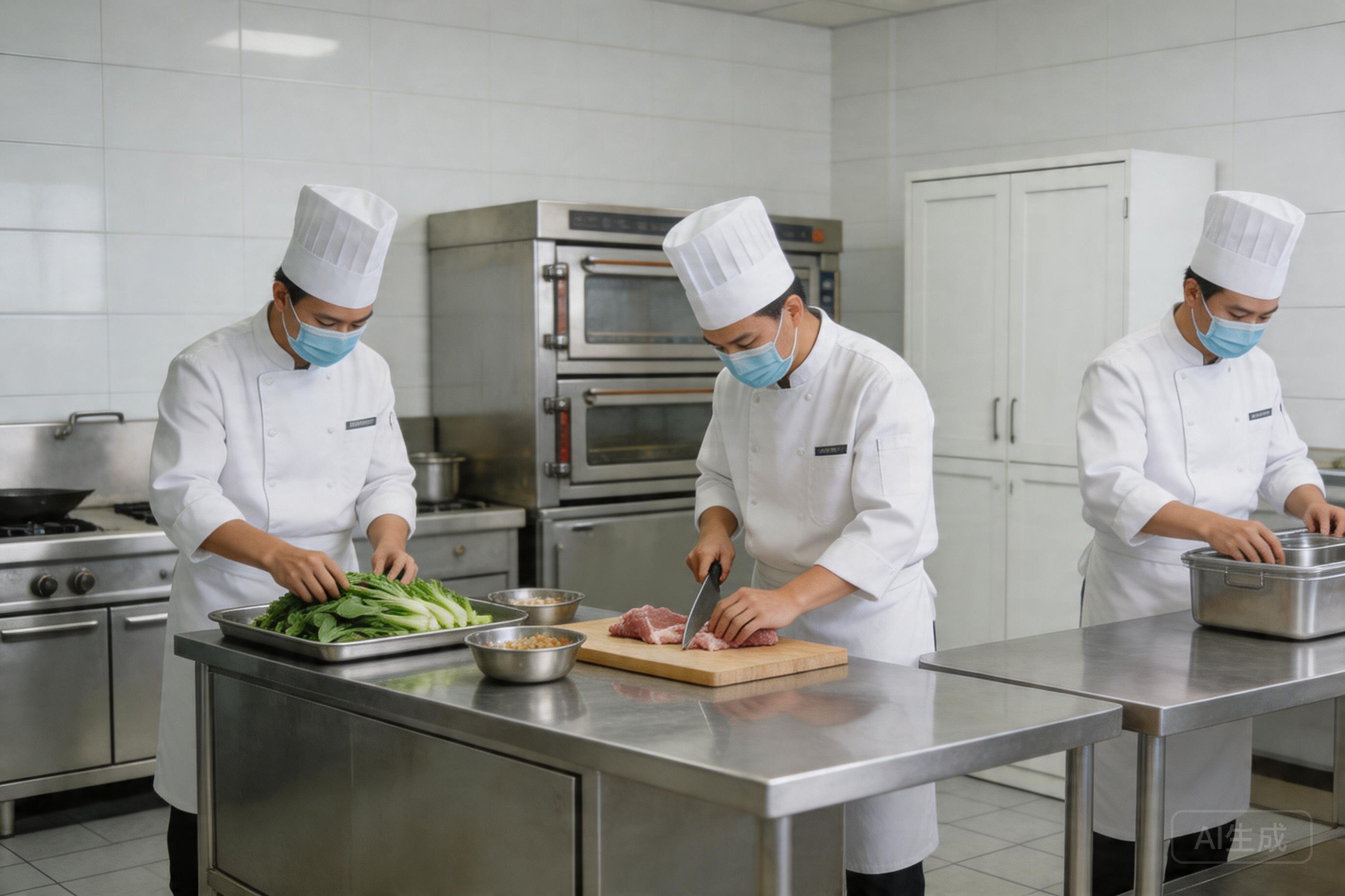 医院数字食堂后厨加工场景，整洁规范的后厨环境