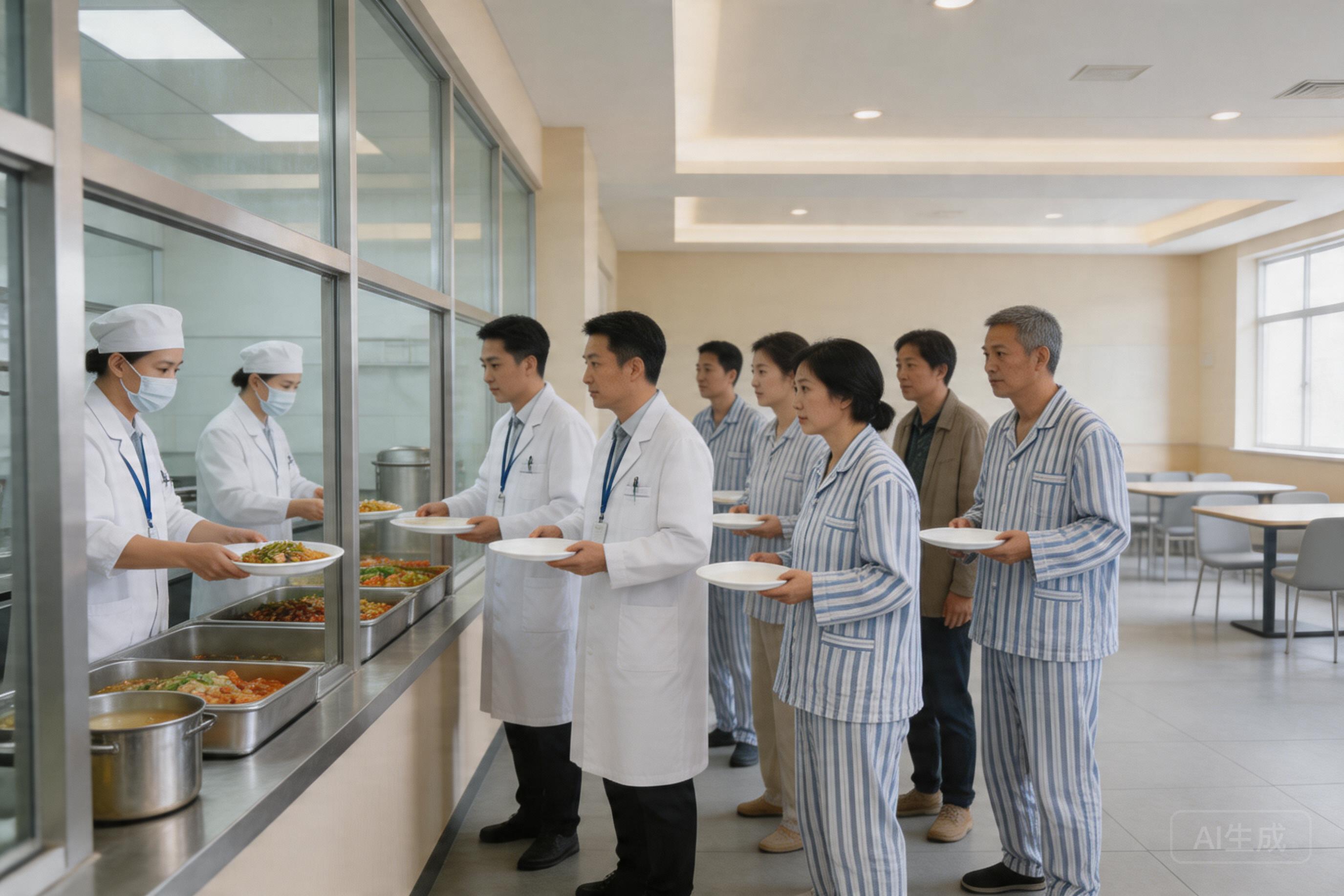 医院数字食堂实景，职工和病人在食堂窗口打餐