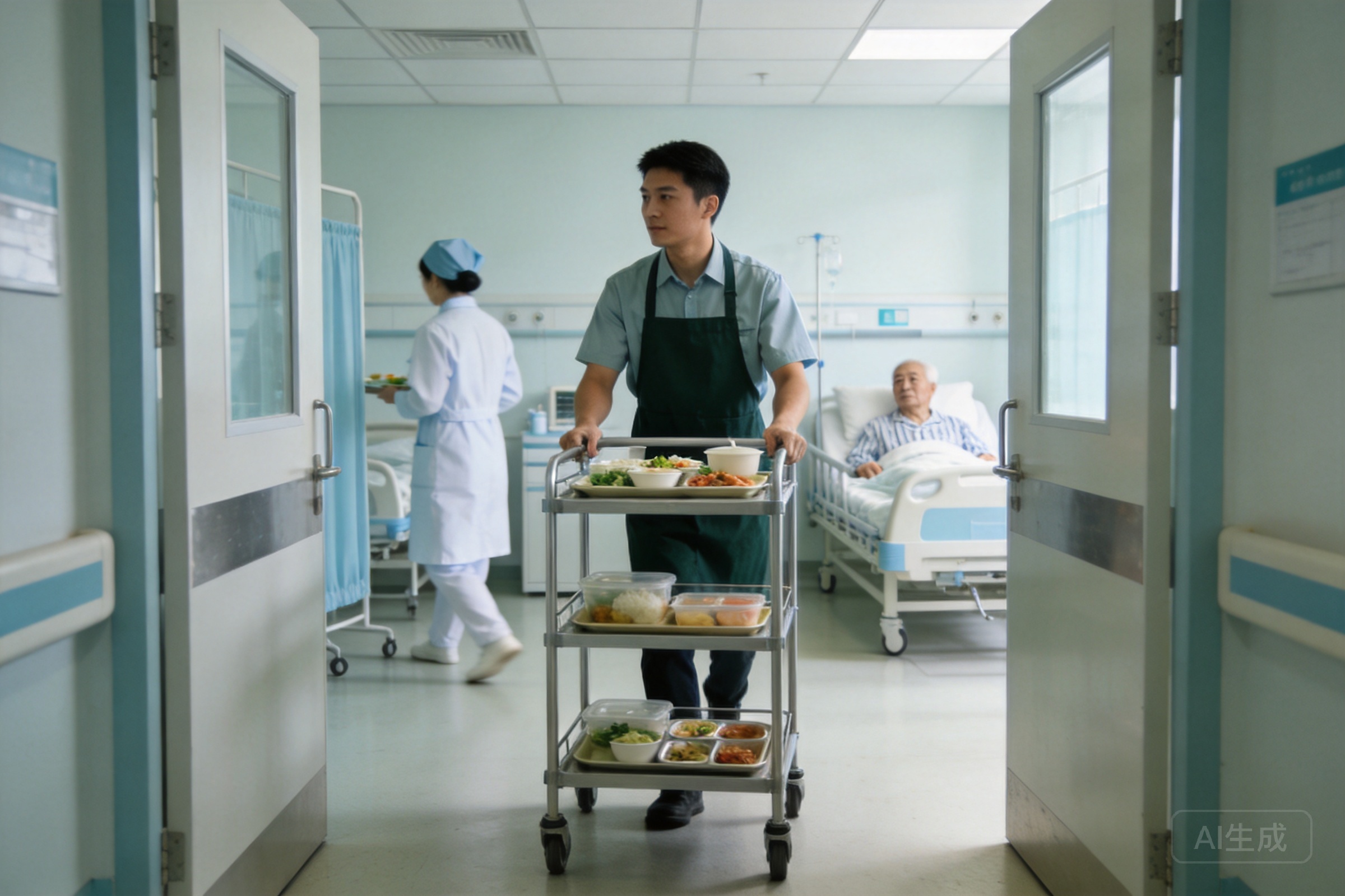 医院治疗膳食配送场景，送餐员将营养餐送到患者床边