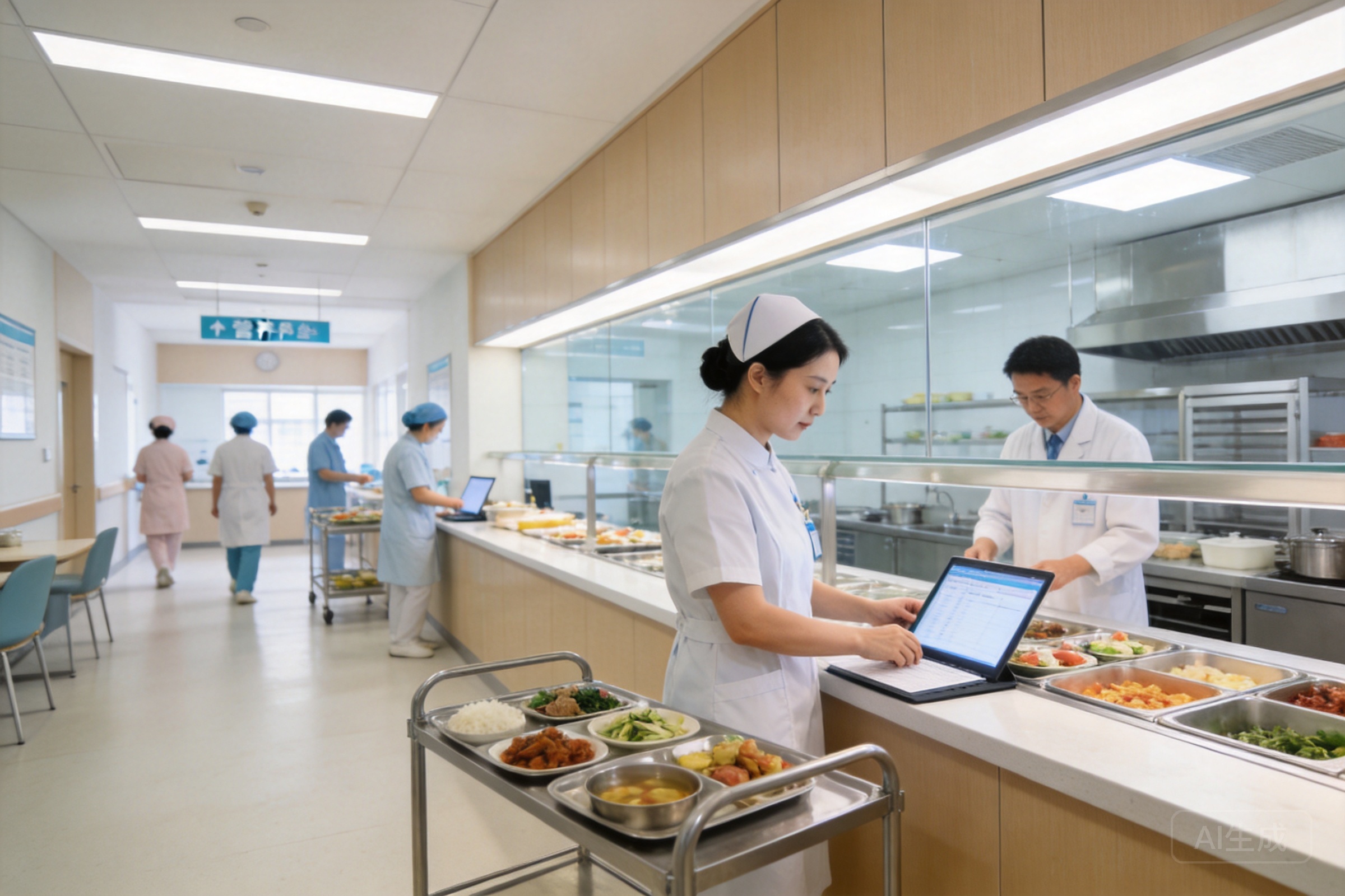 医院营养膳食配餐场景，营养师在专业的营养配餐中心工作