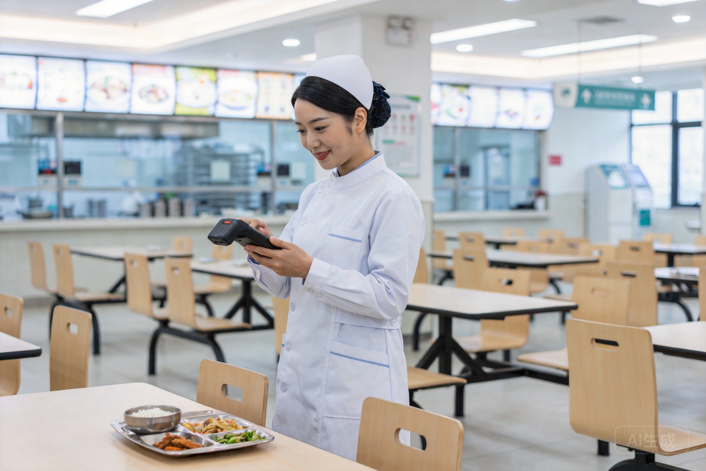 医院食堂手持机预订场景，医护人员使用手持机预订包间
