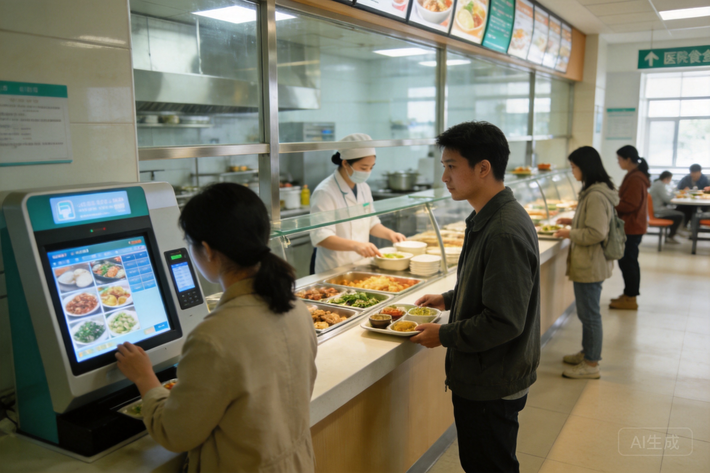 医院食堂窗口打餐场景