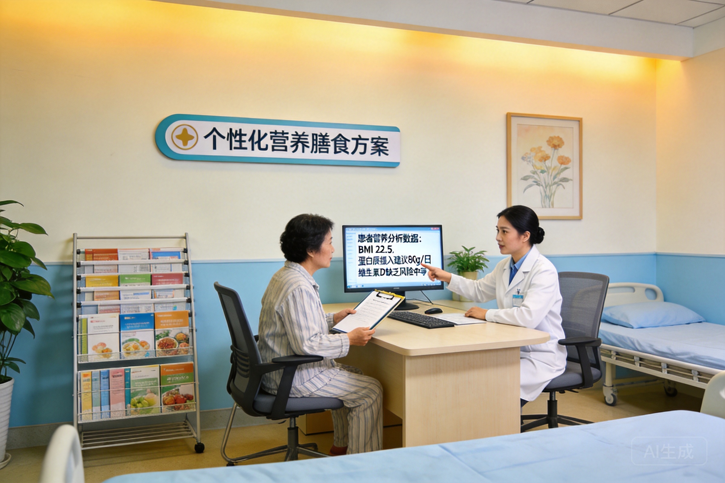 医院营养科场景，营养师为住院患者制定个性化营养膳食方案