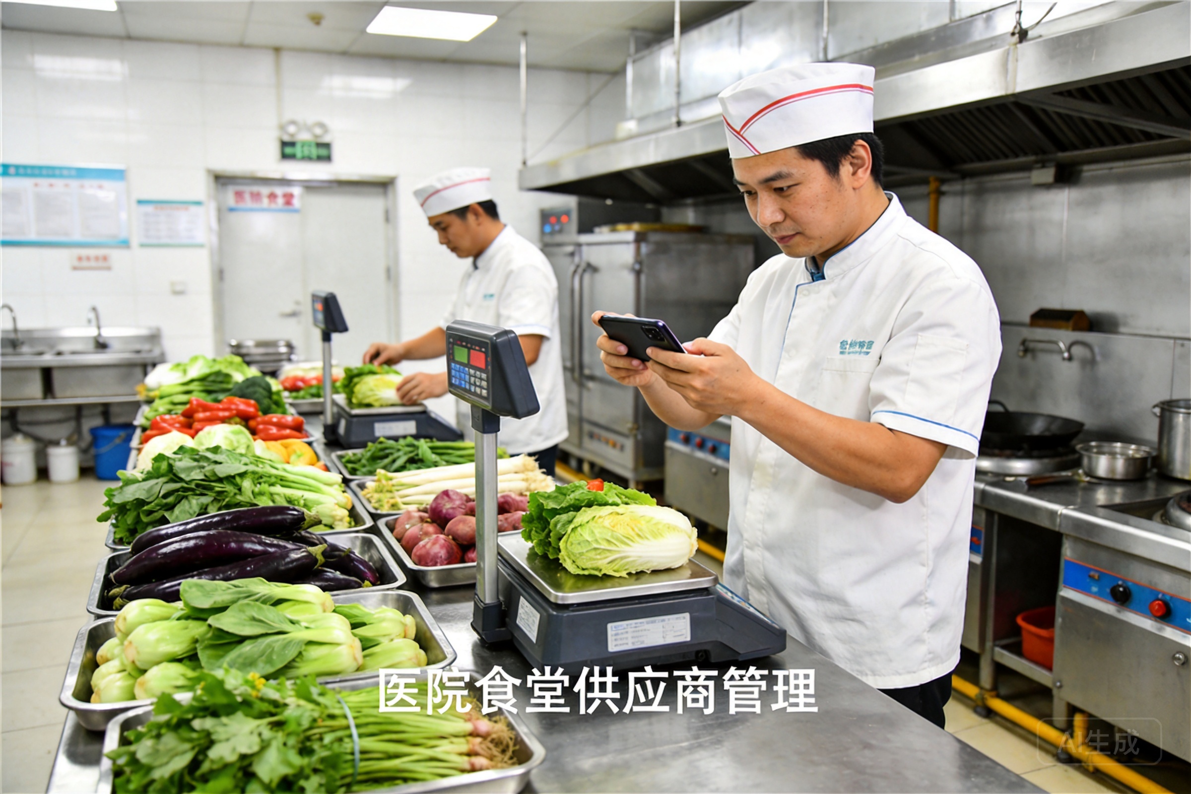 医院食堂后厨验收场景，供应商配送新鲜蔬菜食材
