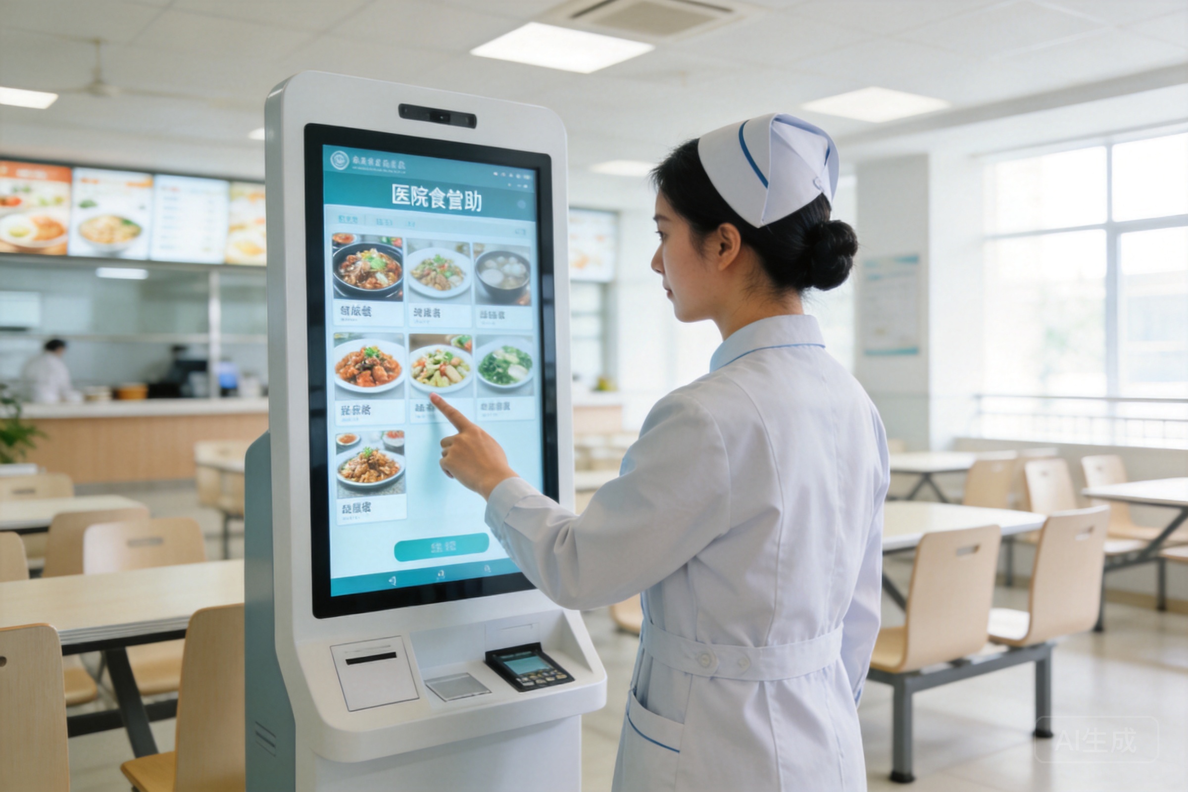 医院食堂自助点餐场景，医护人员使用自助点餐机选择菜品