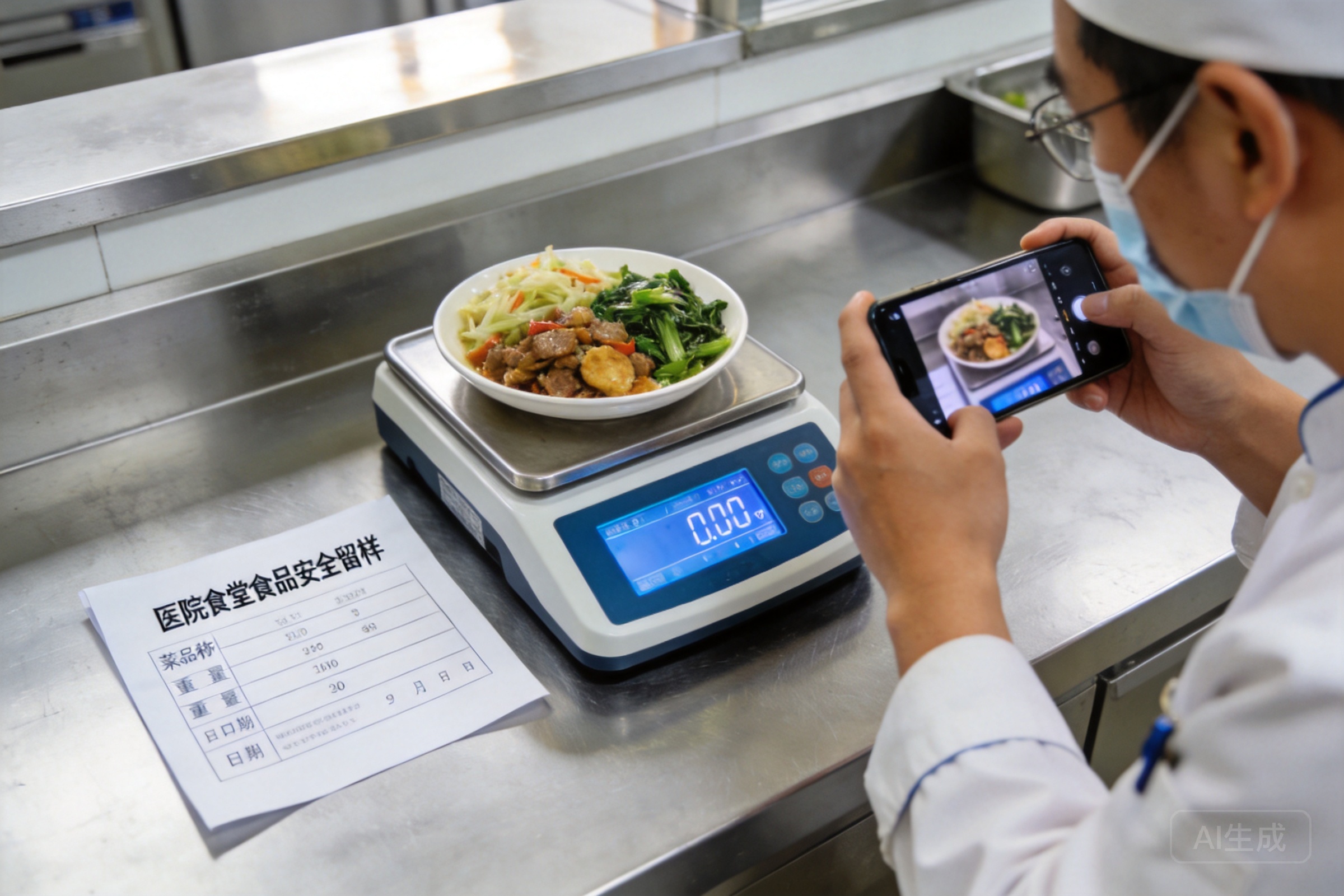 医院食堂食品安全留样场景，工作人员使用智能留样称重设备留样菜品