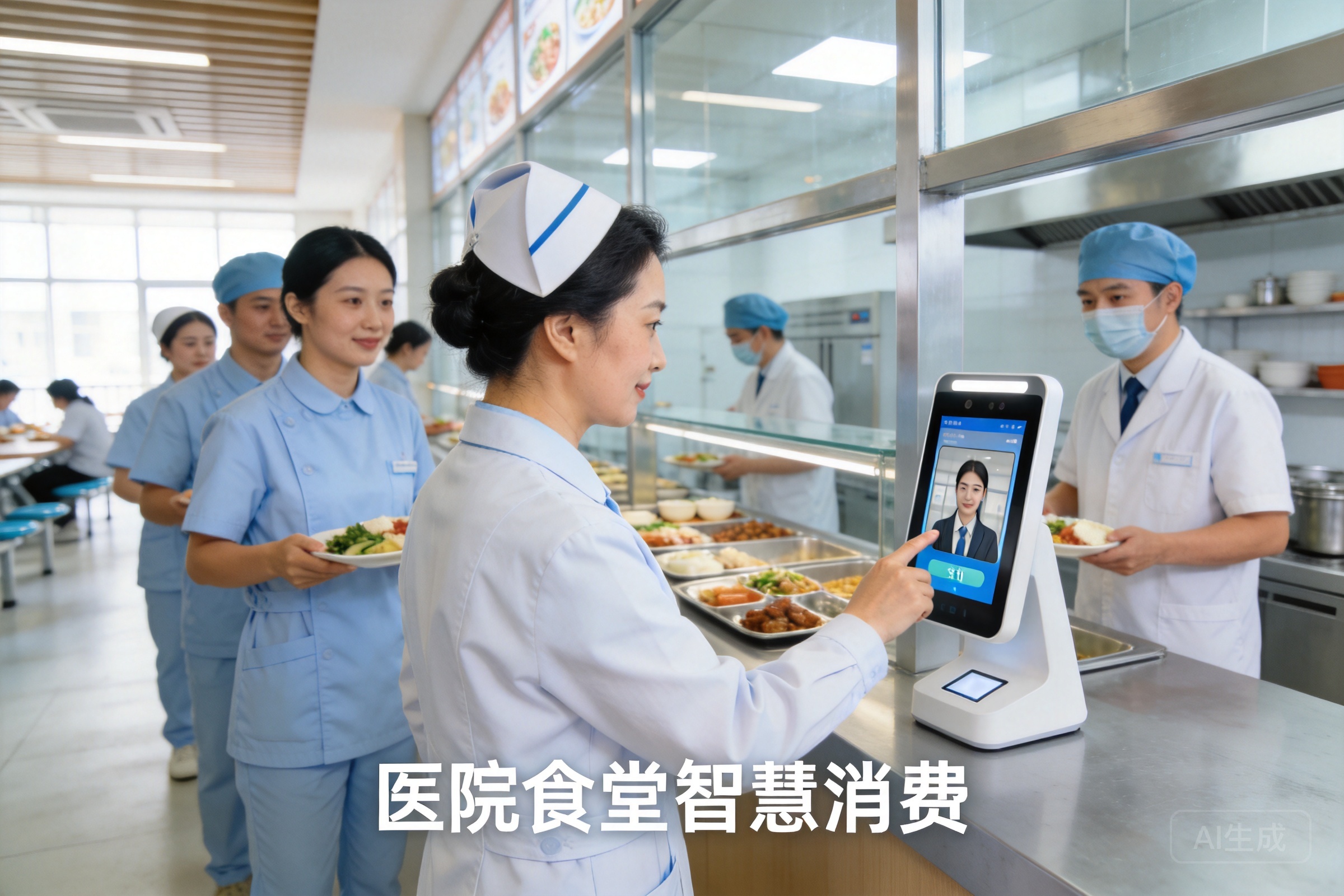 医院职工食堂堂食消费场景，医护人员在食堂窗口使用刷脸支付