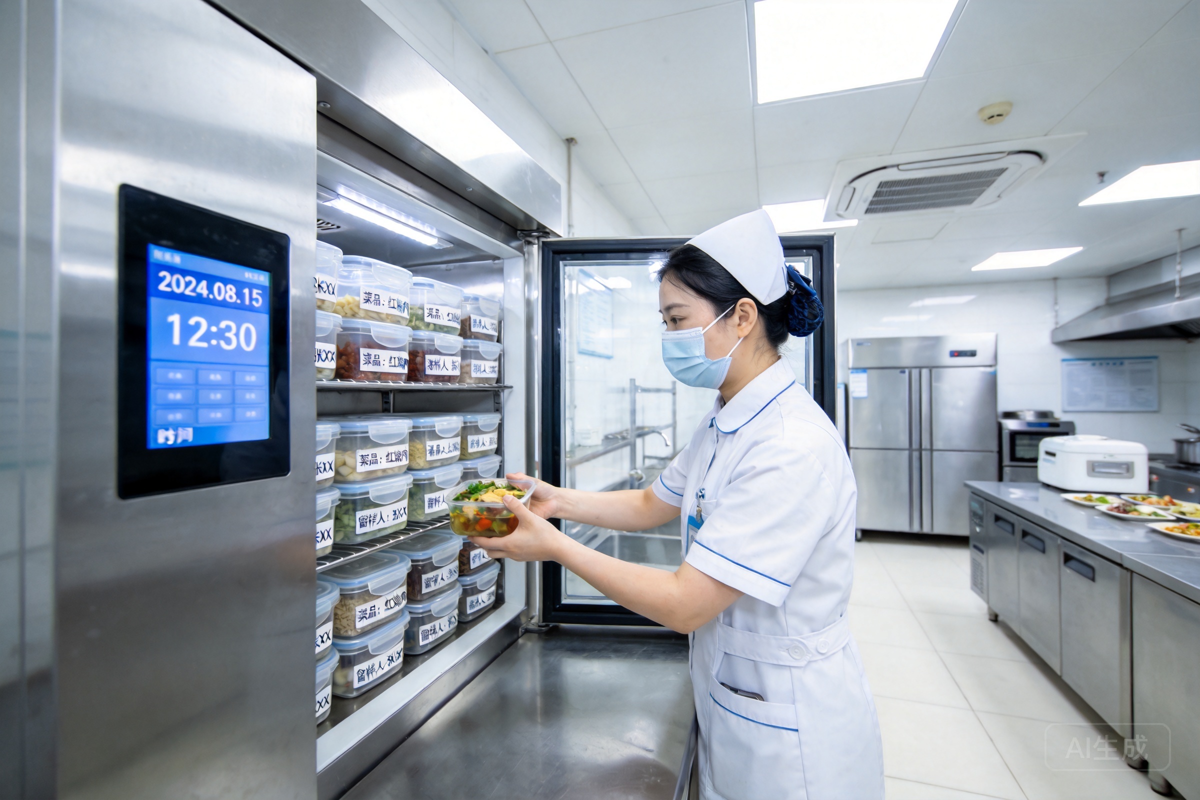 医院食堂智能留样柜场景，工作人员将留样菜品放入智能留样柜