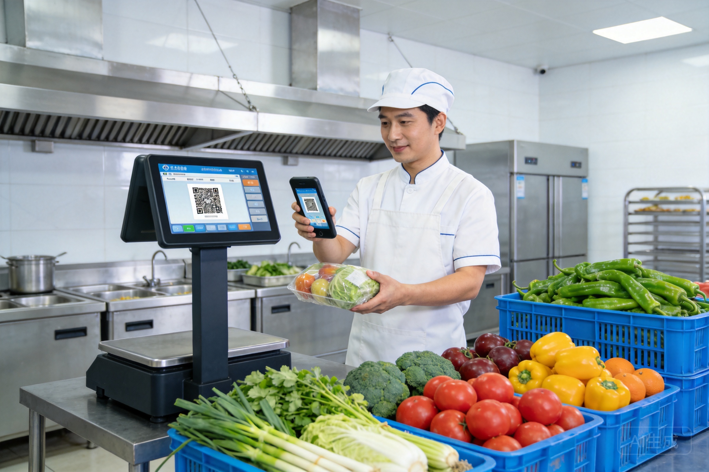 医院食堂食材进销存管理现场，智能溯源称进行食材验收称重