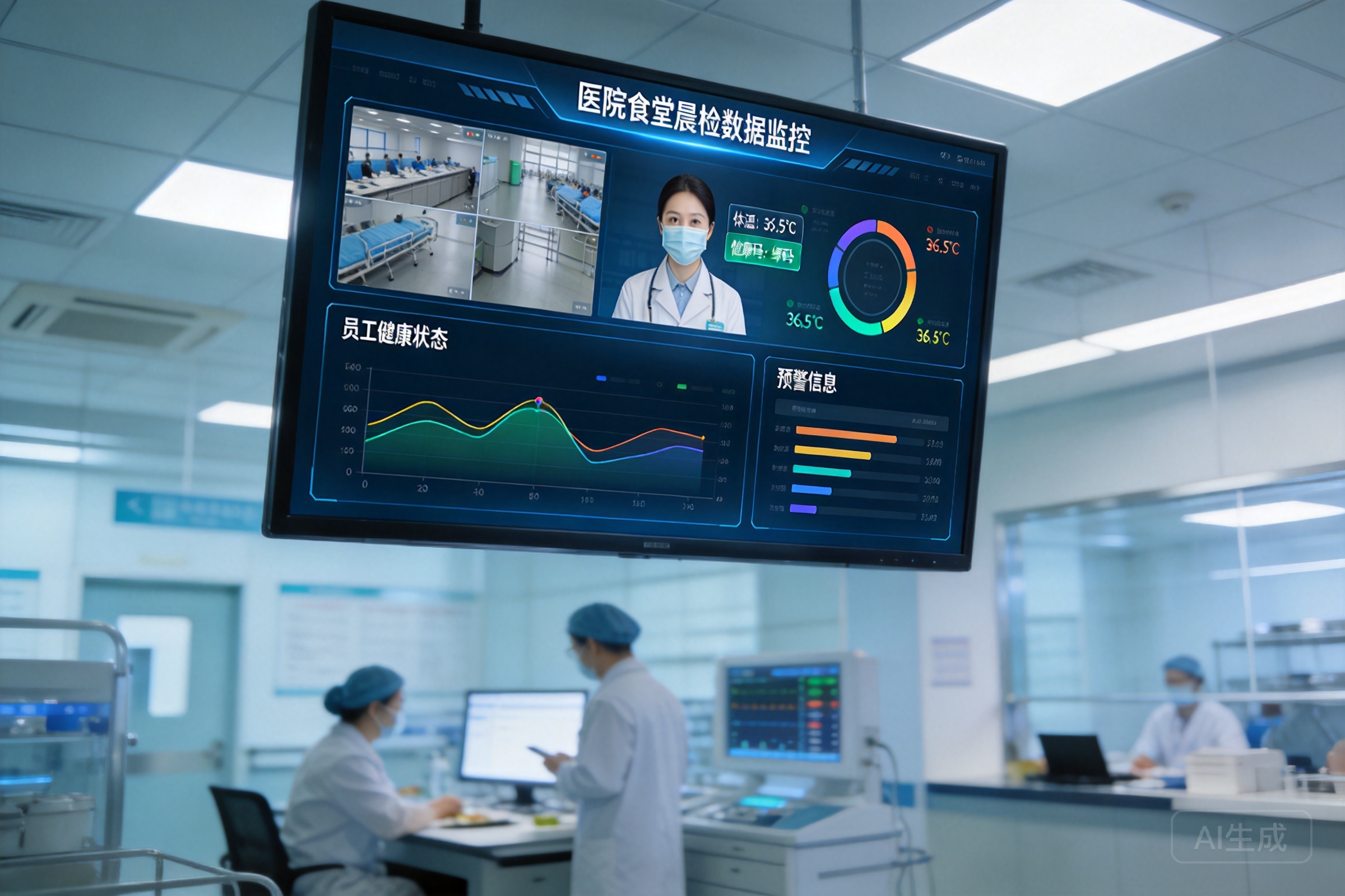 医院食堂晨检数据大屏展示，实时监控员工健康状态