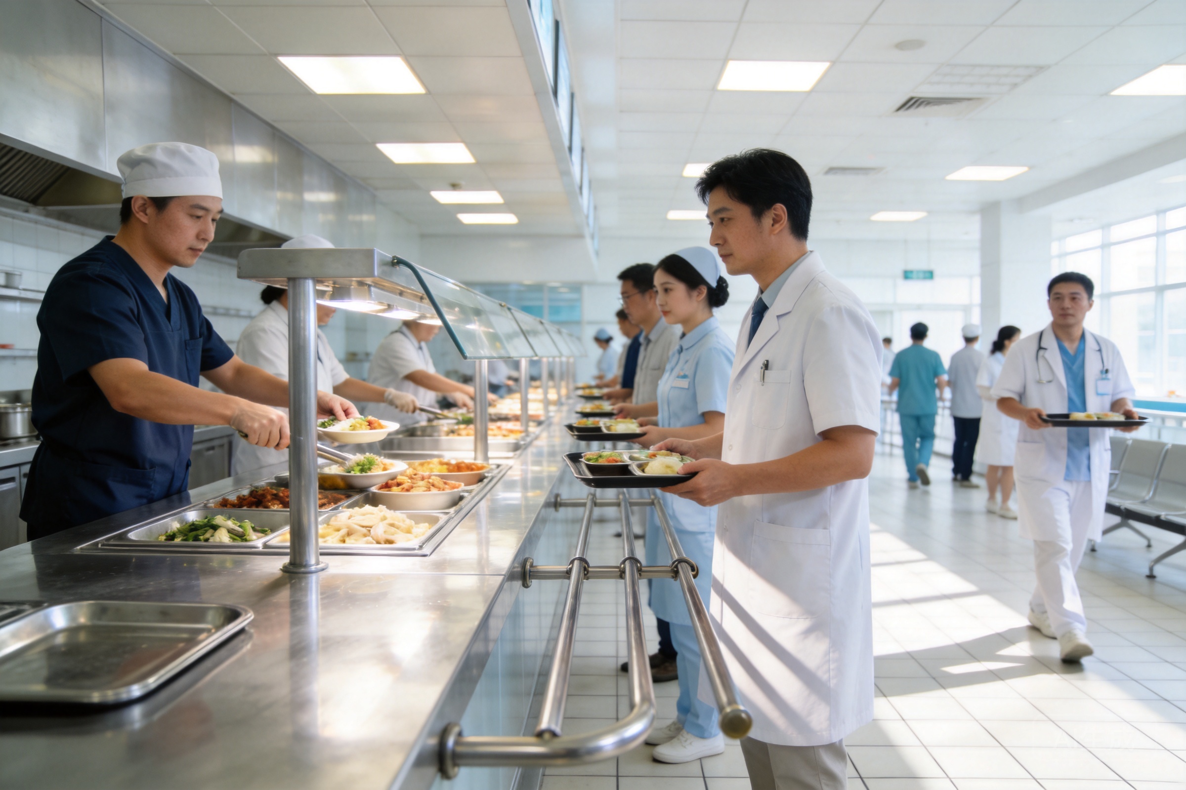 医院食堂窗口打餐场景