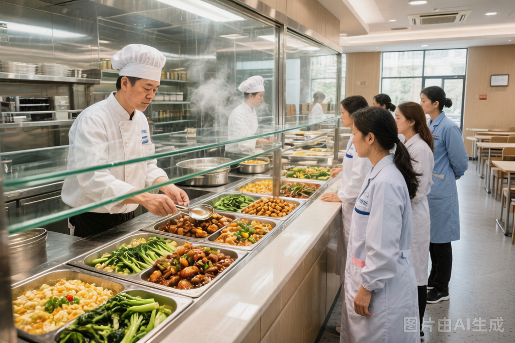 医院食堂窗口打餐场景