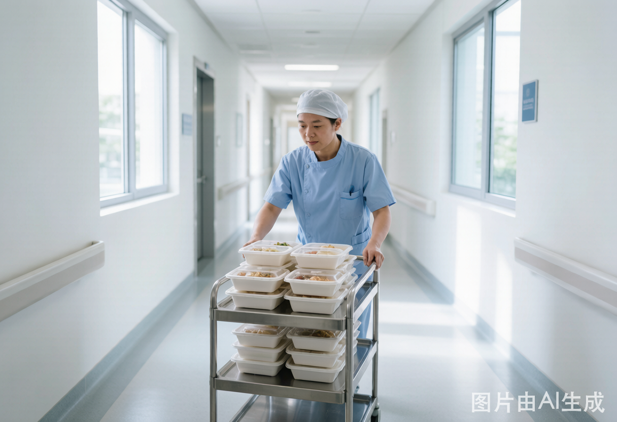 食堂工作人员按发餐表逐床配送餐食