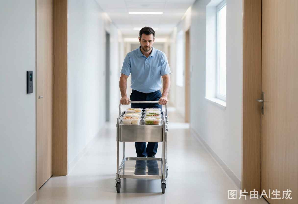 配送员在明亮医院走廊推餐车送餐