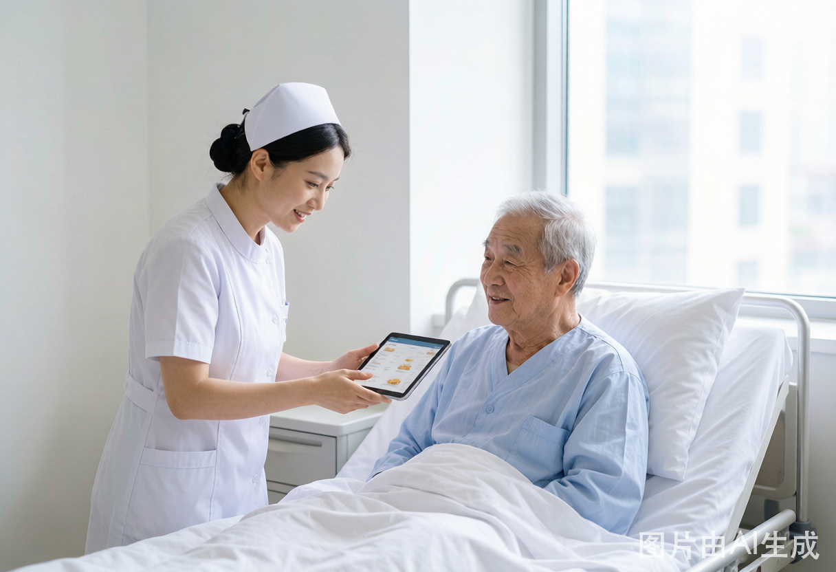 护士手持移动设备在病房为患者代订餐