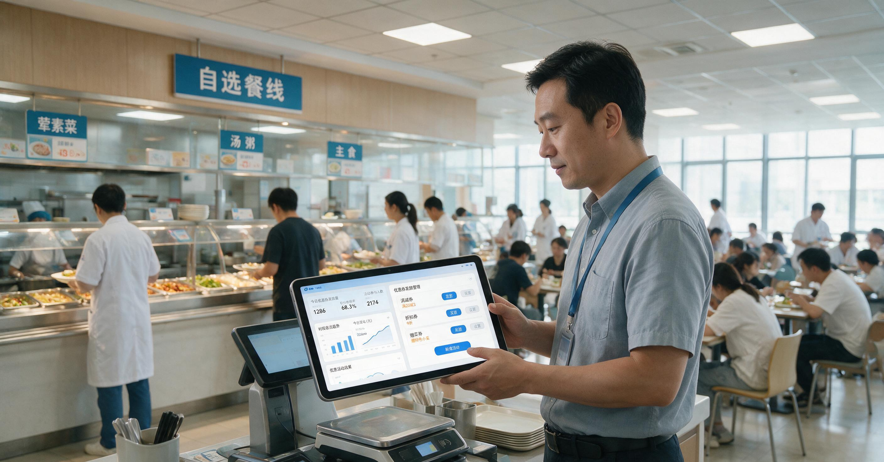 食堂经理用平板管理优惠券营销活动