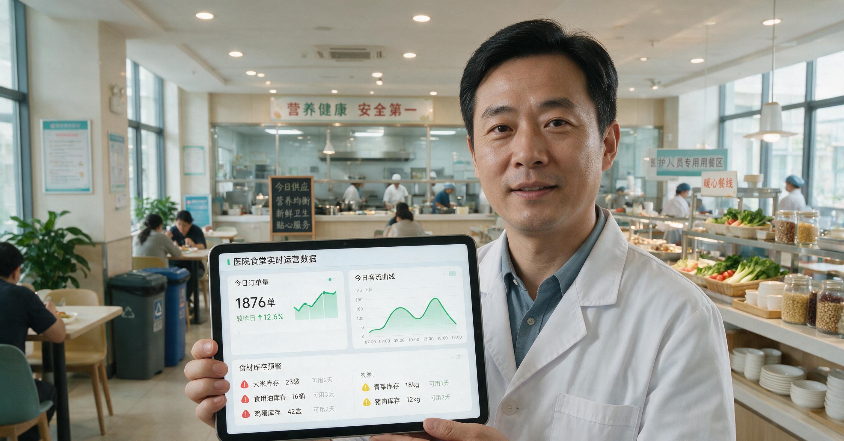 管理人员通过平板查看多院区食堂实时运营数据