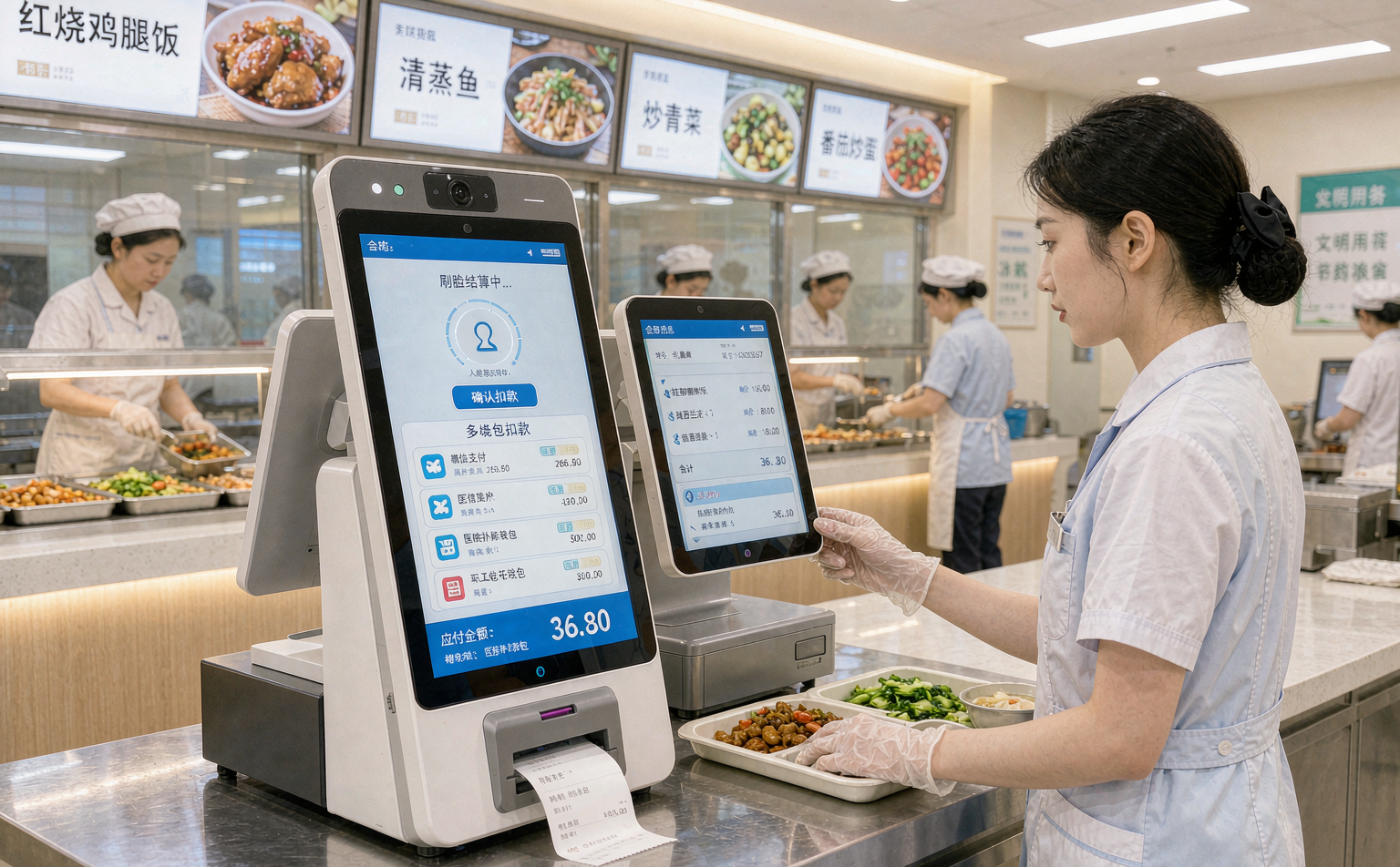 医院职工食堂档口卡码脸双屏收银机结算