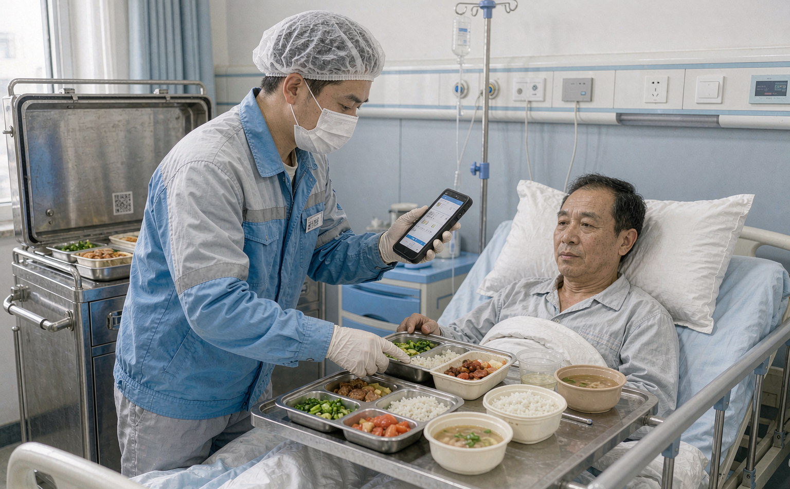 配送员手持终端逐床核对发餐