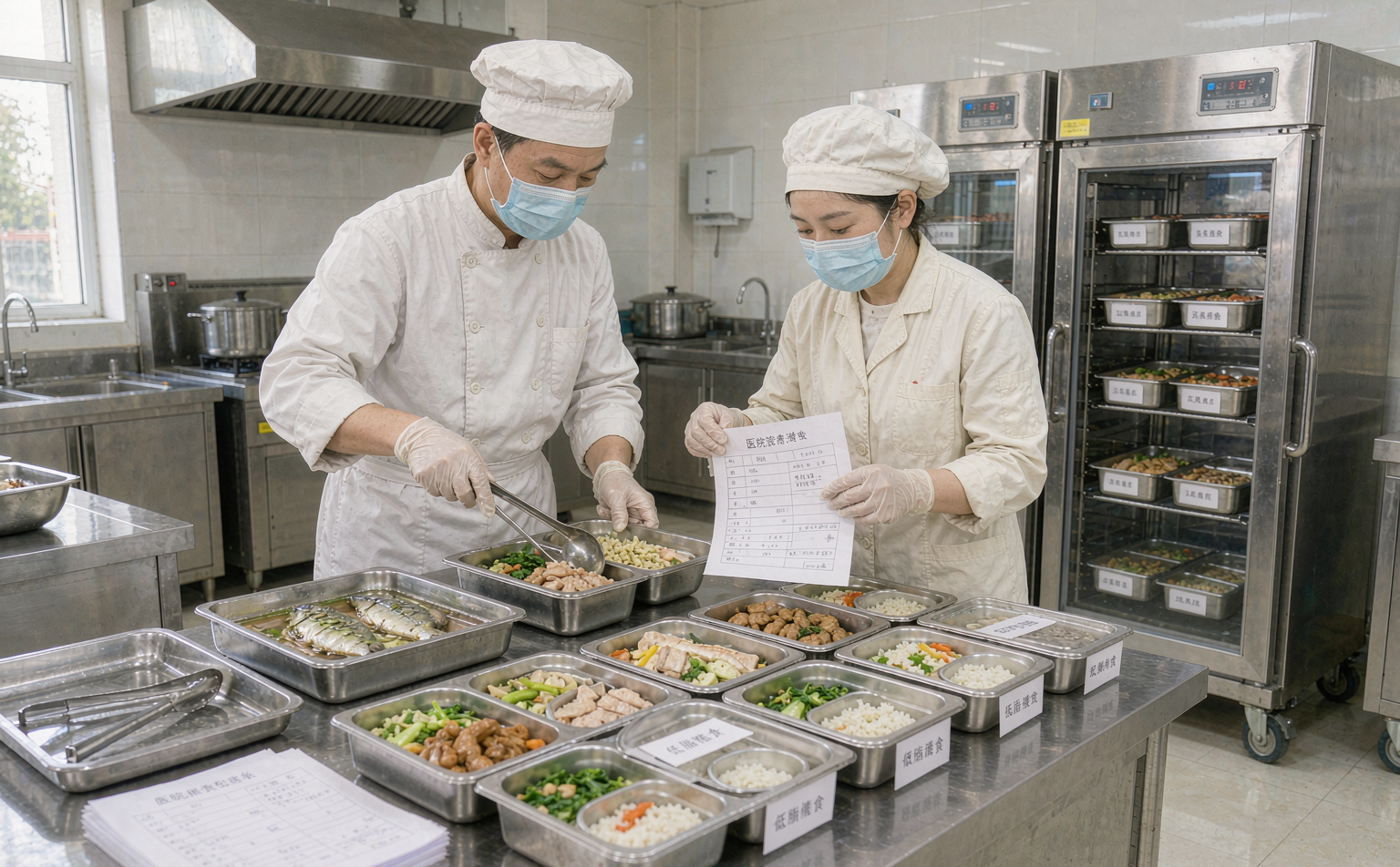 后厨按饮食医嘱分装治疗膳食餐盒