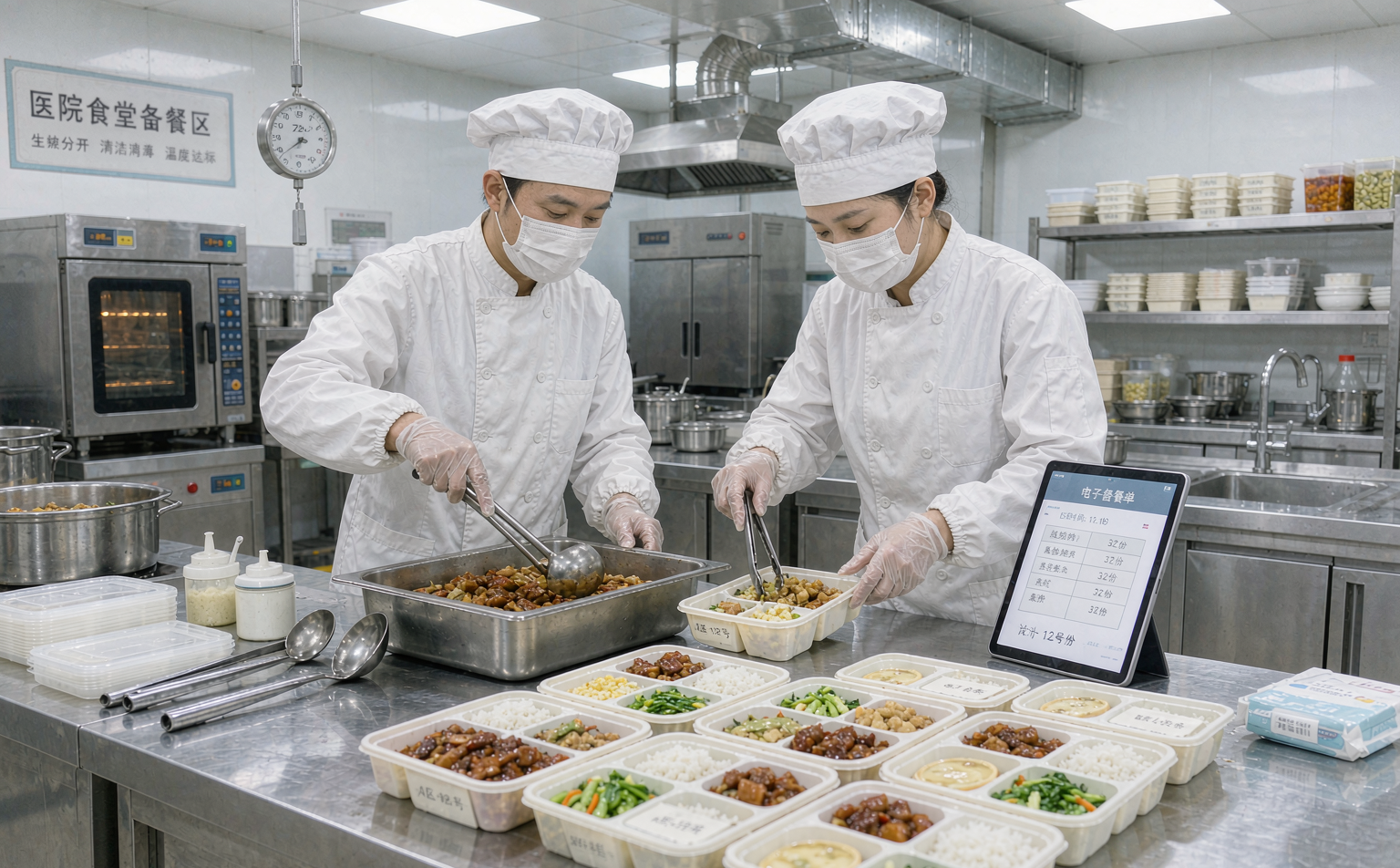 医院食堂后厨按备餐表分装配餐