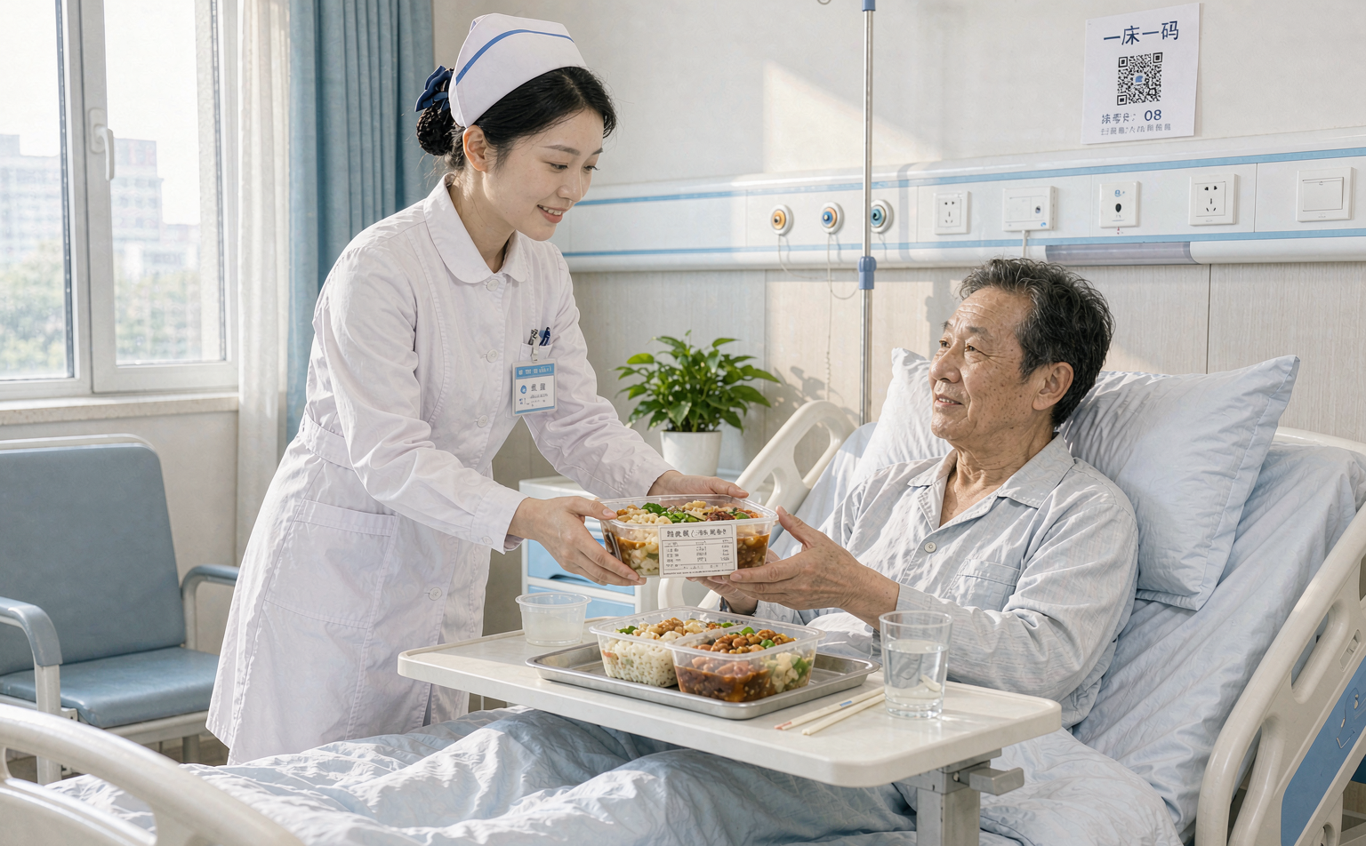 护士将糖尿病营养餐送至患者床头