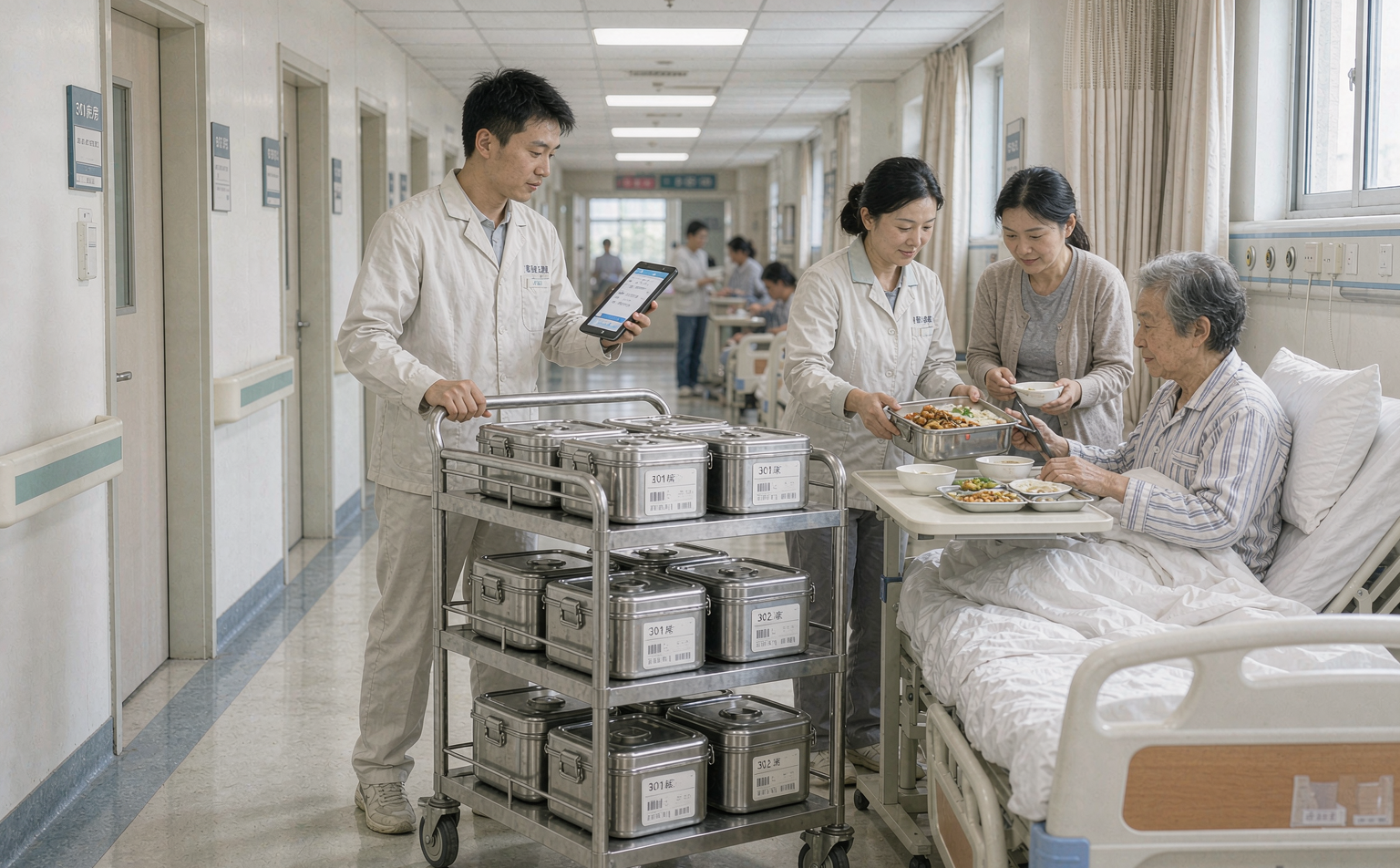 四方阁配送与逐床发餐